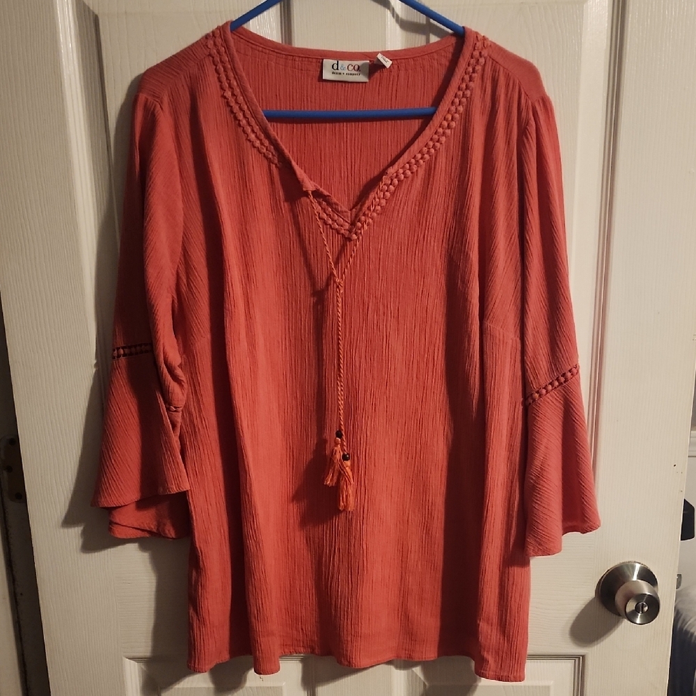 Denim&Co Orange Bell Sleeve Blouse with Tie Front